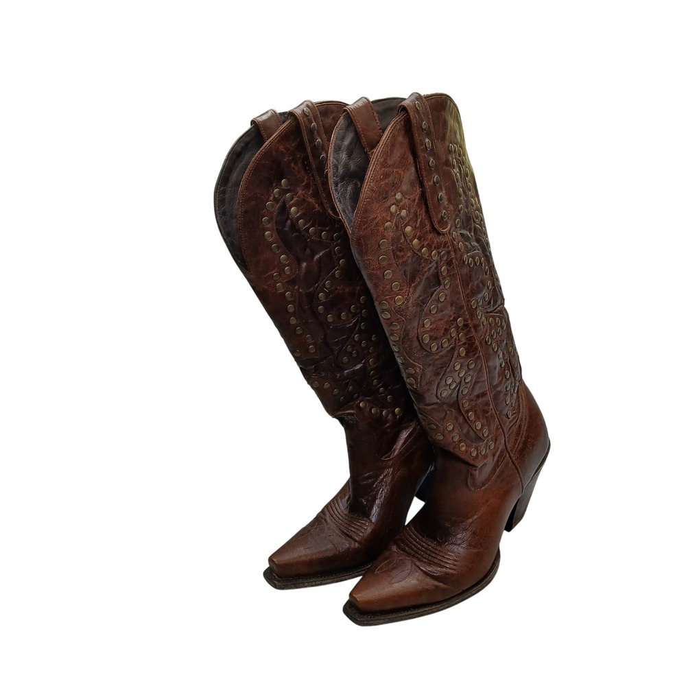 Lane Rocker Studded Boots Womens 8 Brown Leather Western Snip Toe Cowboy SEO